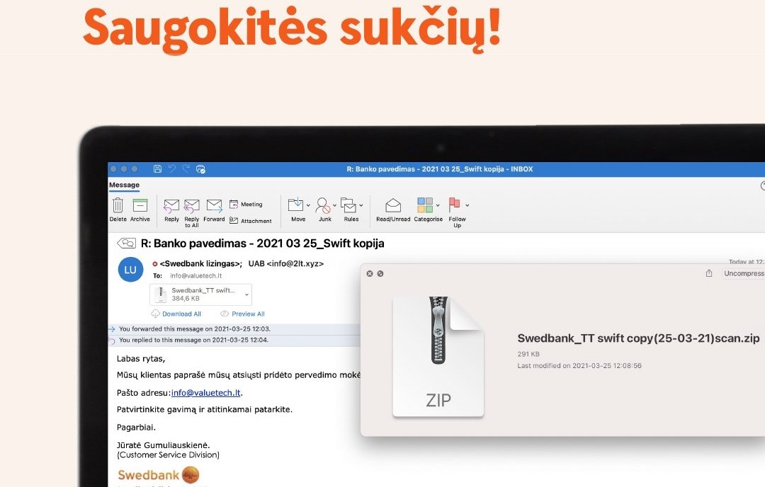 Swedbank предупреждает: работают мошенники, рассылают фиктивные эл. письма
